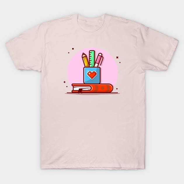 Stationery with Ruler, Pencil, Pen and Book Cartoon Vector Icon Illustration T-Shirt by Catalyst Labs